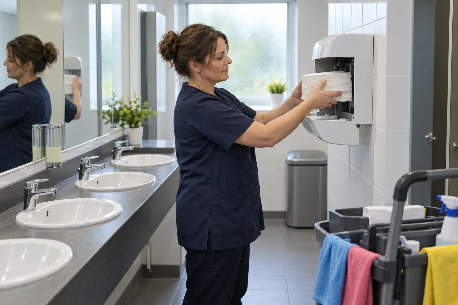 A cleaner restocking paper towels in a bright office washroom.