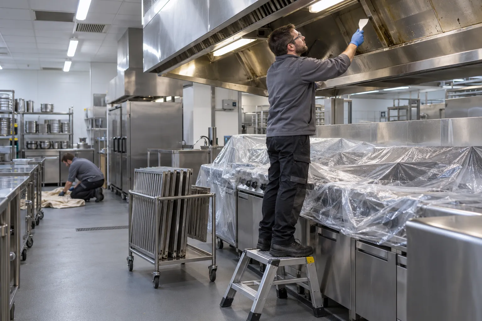A ventilation hygiene technician on a low step scraping grease from inside an empty kitchen extract canopy, the cooking line below covered in plastic sheeting.
