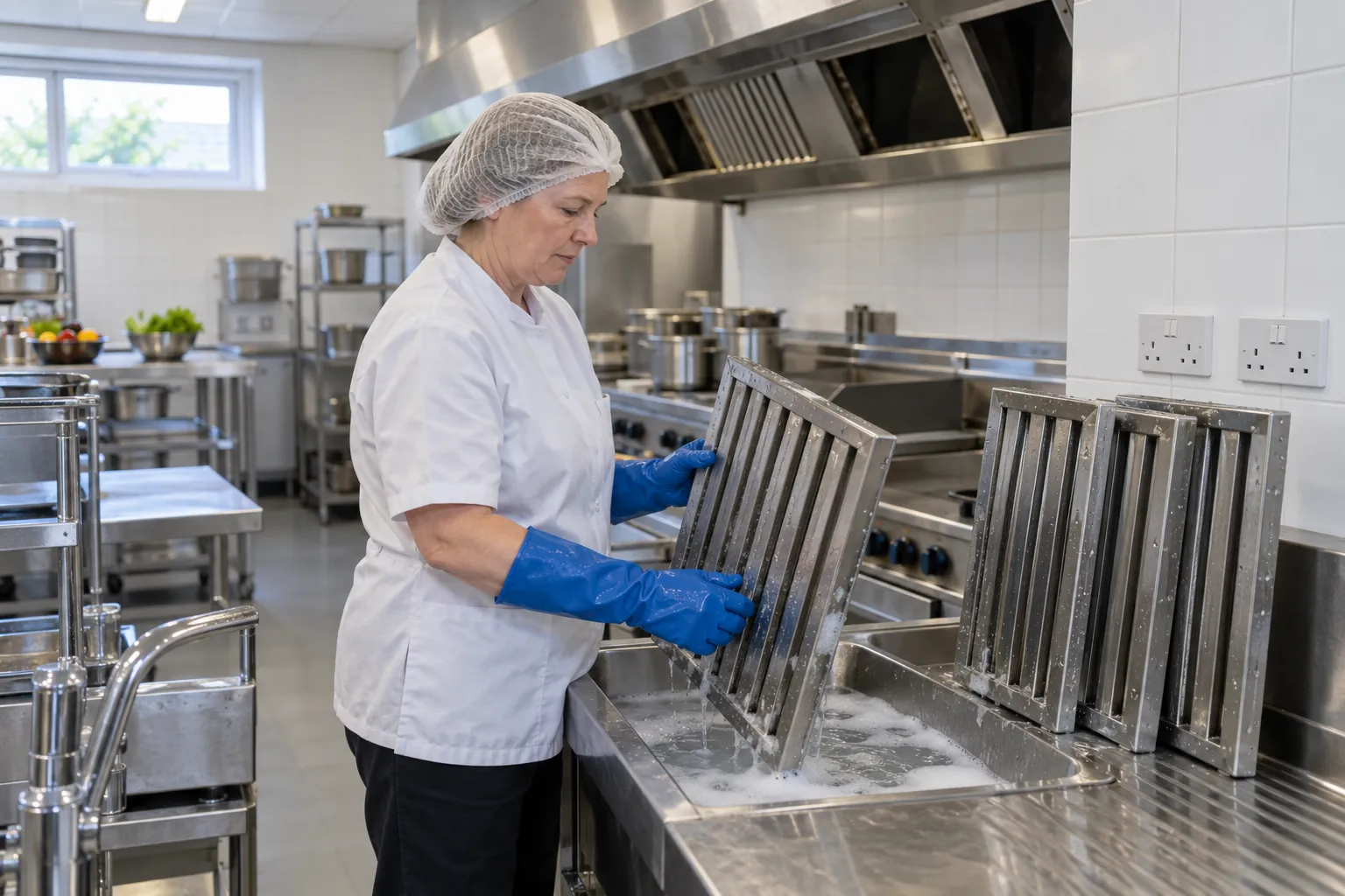 A kitchen assistant in long rubber gloves lifting a stainless-steel grease filter out of a sink in a school kitchen, with the extract canopy behind her.