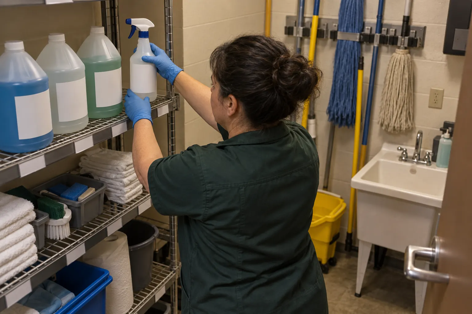 A custodian in gloves placing a spray bottle on a neatly labeled shelf in a small janitor closet with mops hung on the wall.