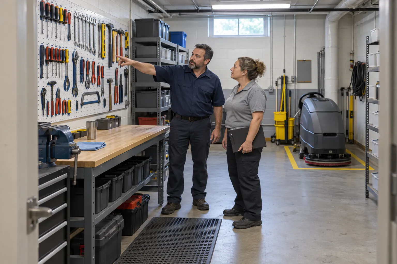 A building engineer and a custodial crew lead looking at a tool shadow board in a tidy basement engineering shop.