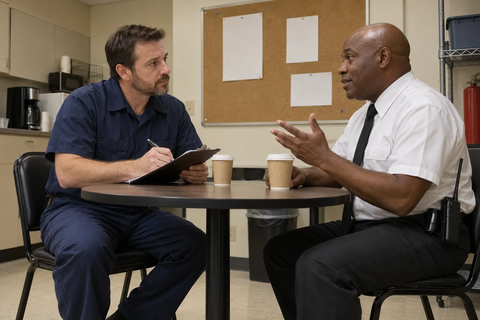 A building engineer taking notes while a security officer describes what happened, across a break room table.