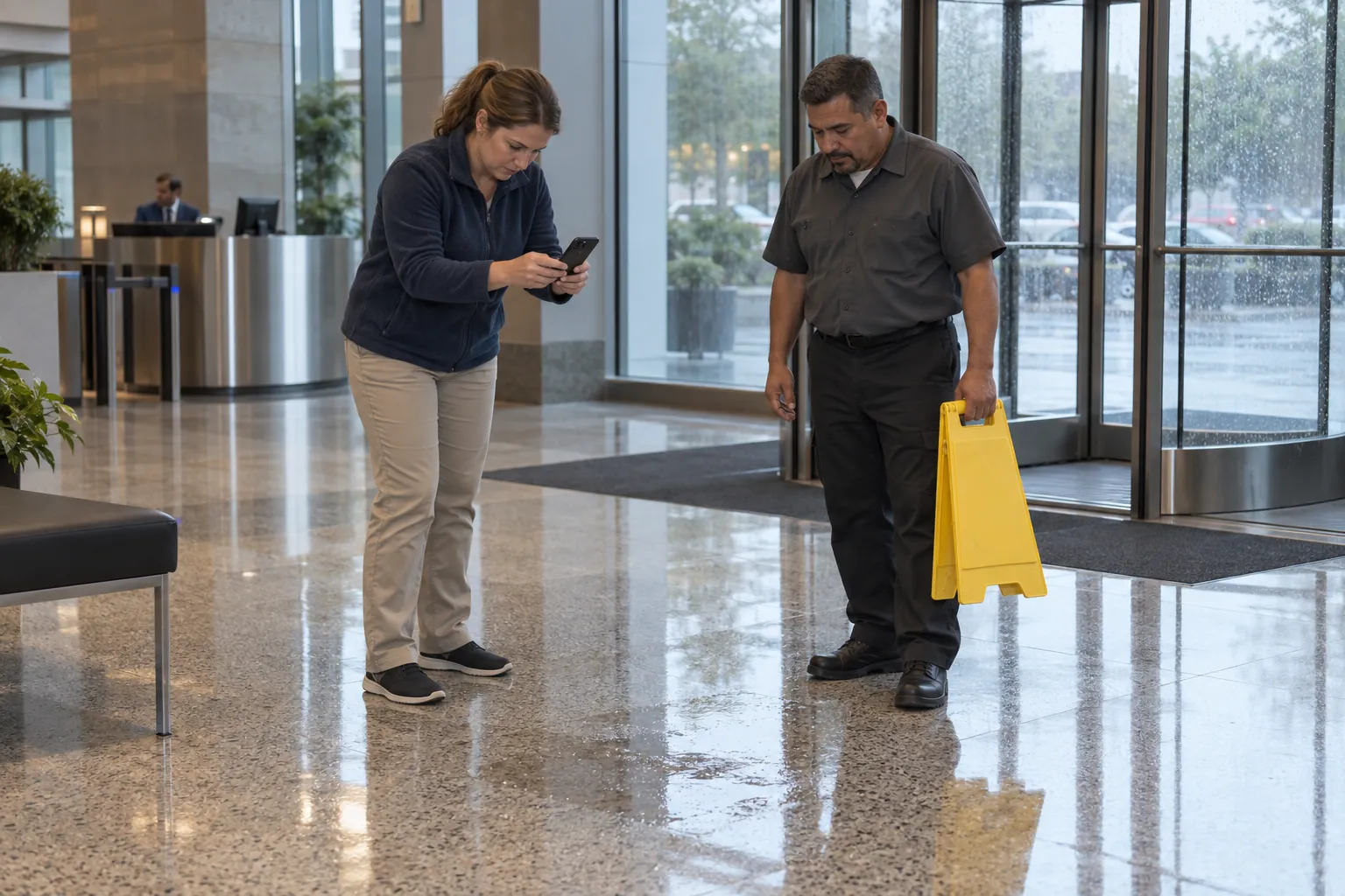 A safety coordinator photographing a wet lobby floor while a custodian holds a folded wet floor sign.
