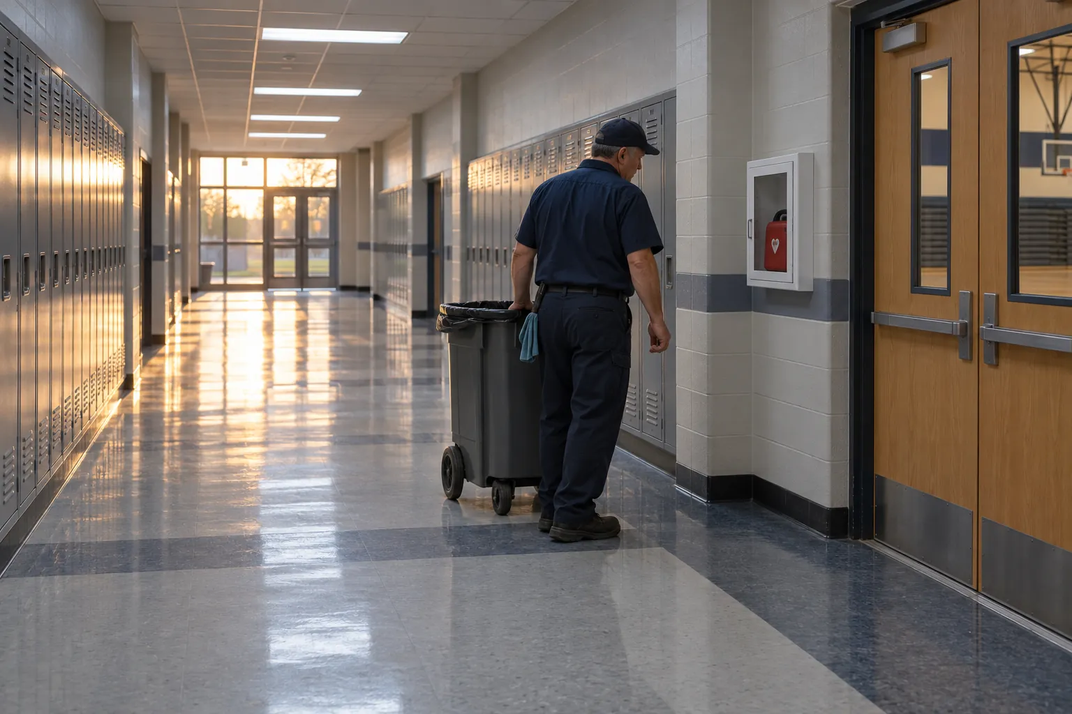 A school custodian glancing at a recessed AED cabinet beside the gym doors as he walks an empty locker-lined hallway.