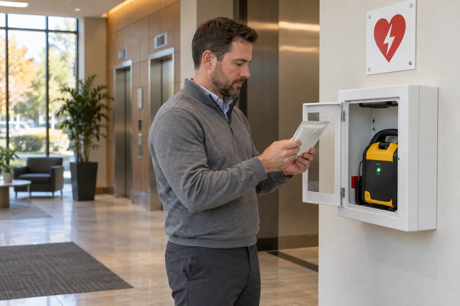 A facility manager checking the date on a pad package at an open wall-mounted AED cabinet in an office lobby.