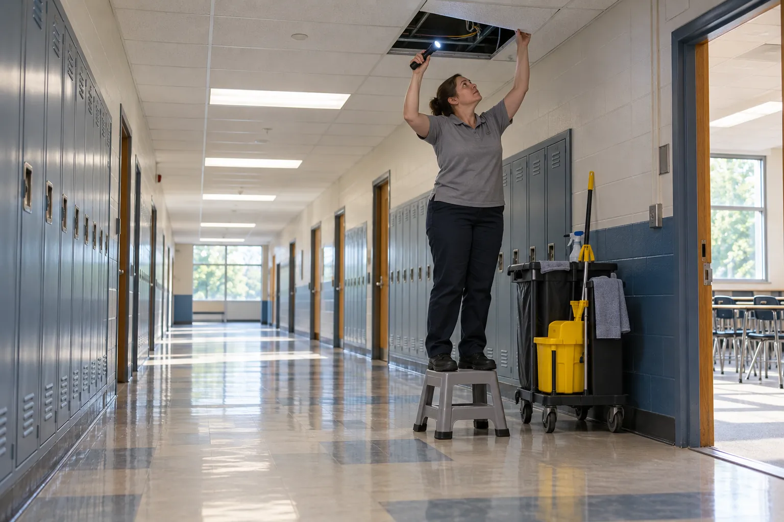 A school custodian on a step stool looking above a lifted ceiling tile in an empty hallway lined with lockers.