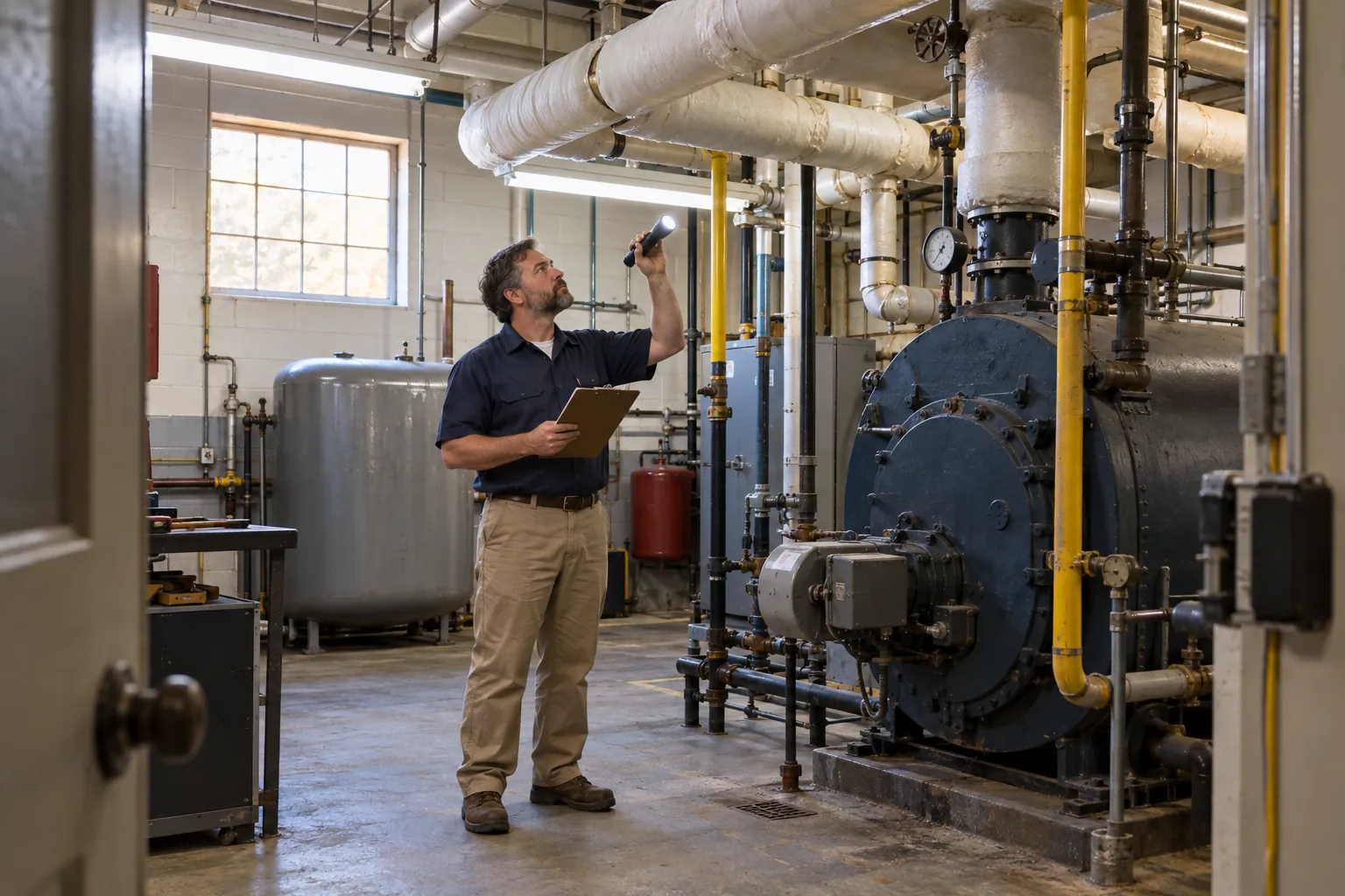 A school maintenance technician with a clipboard and flashlight inspecting insulated pipes in an older school boiler room.