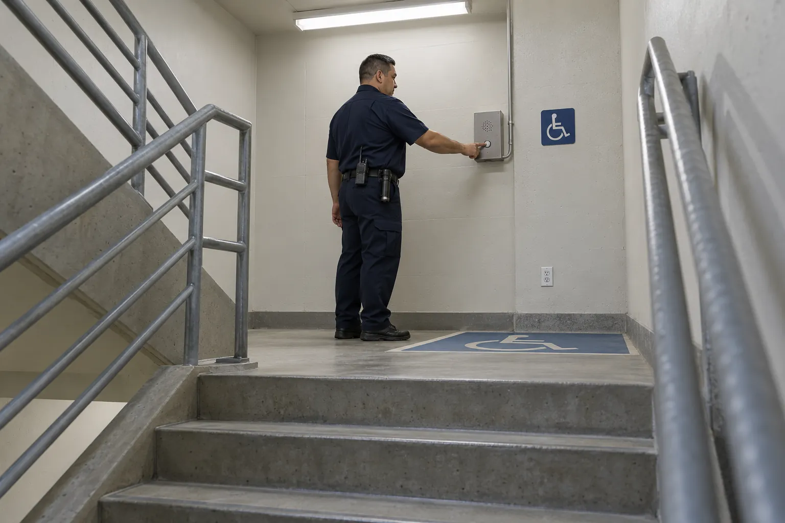 A security officer pressing the button on a wall-mounted call box on a stair landing beside a marked wheelchair space.