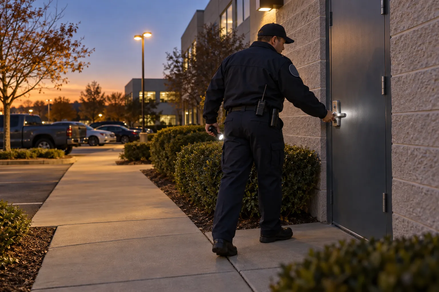 A security officer checking a side exit door on an evening patrol outside an office building.