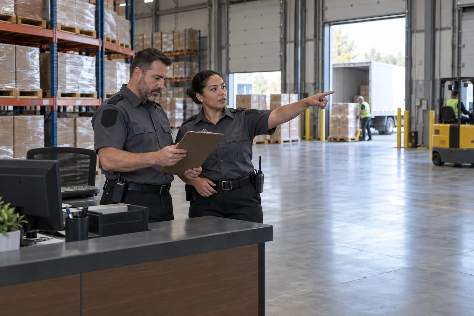 Two security officers at a warehouse entrance desk going over post orders.