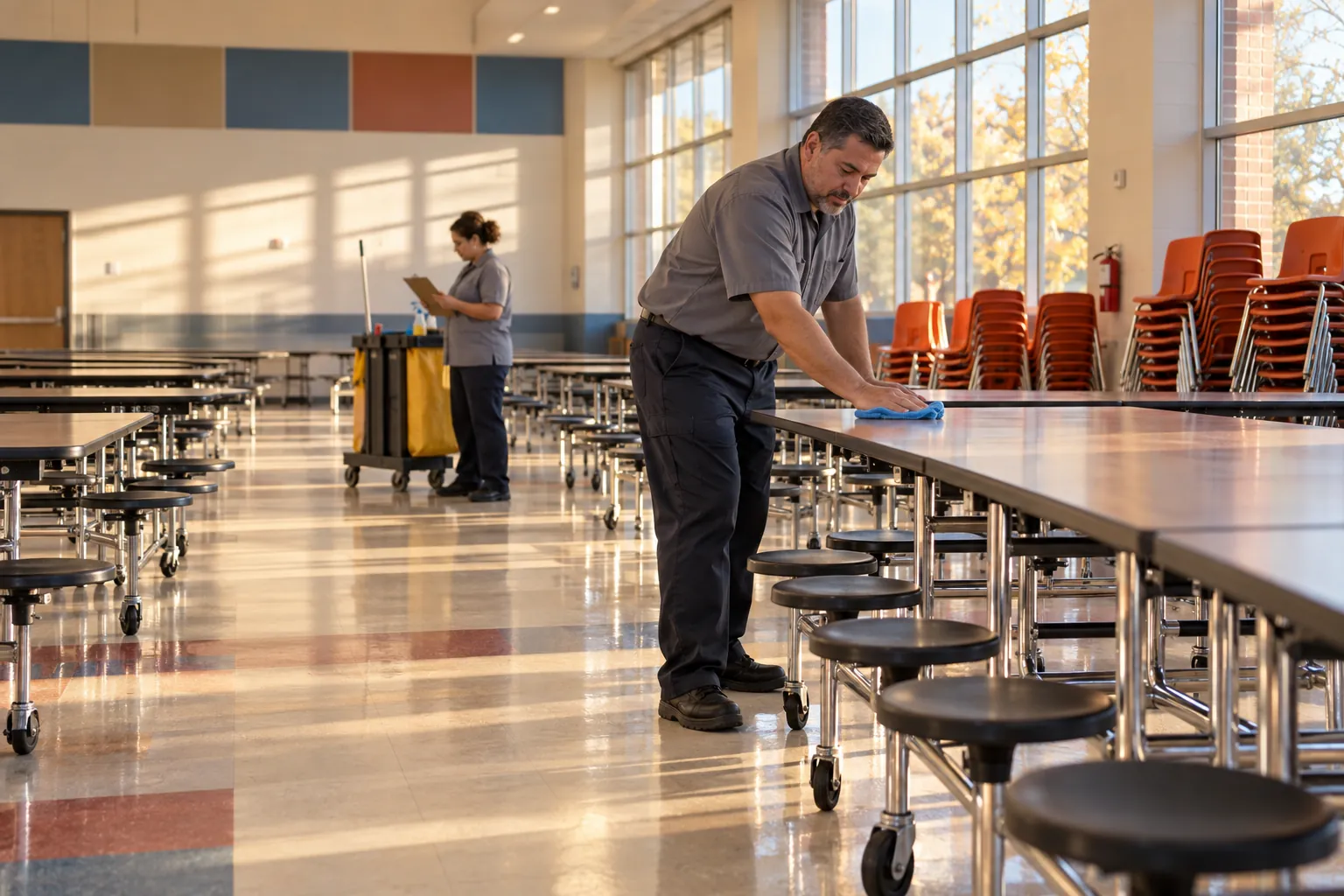A custodian wiping a cafeteria table in an empty school cafeteria while a colleague checks a clipboard by a cleaning cart.