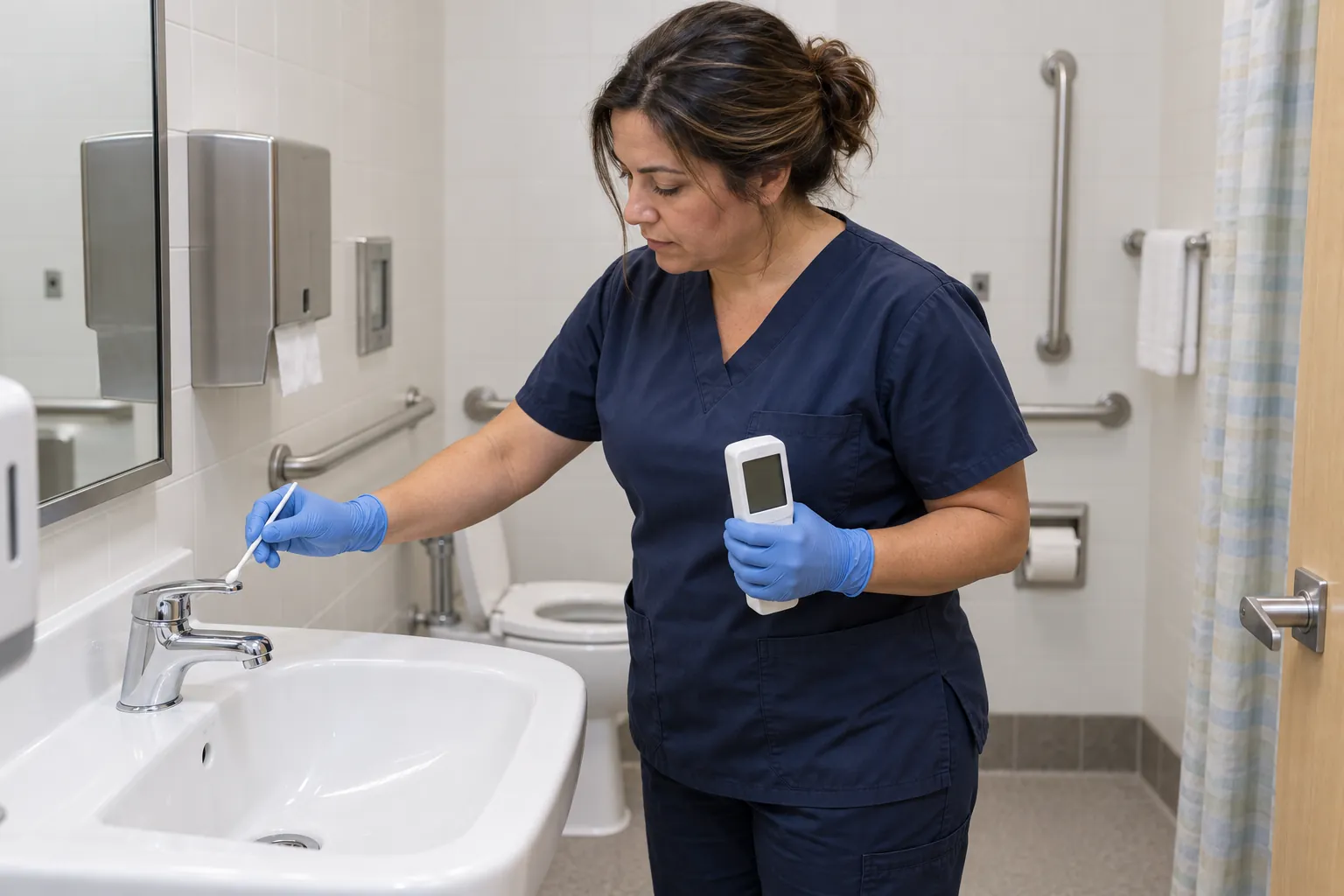 A hospital cleaning supervisor in scrubs swabbing a sink faucet handle while holding a small handheld meter.