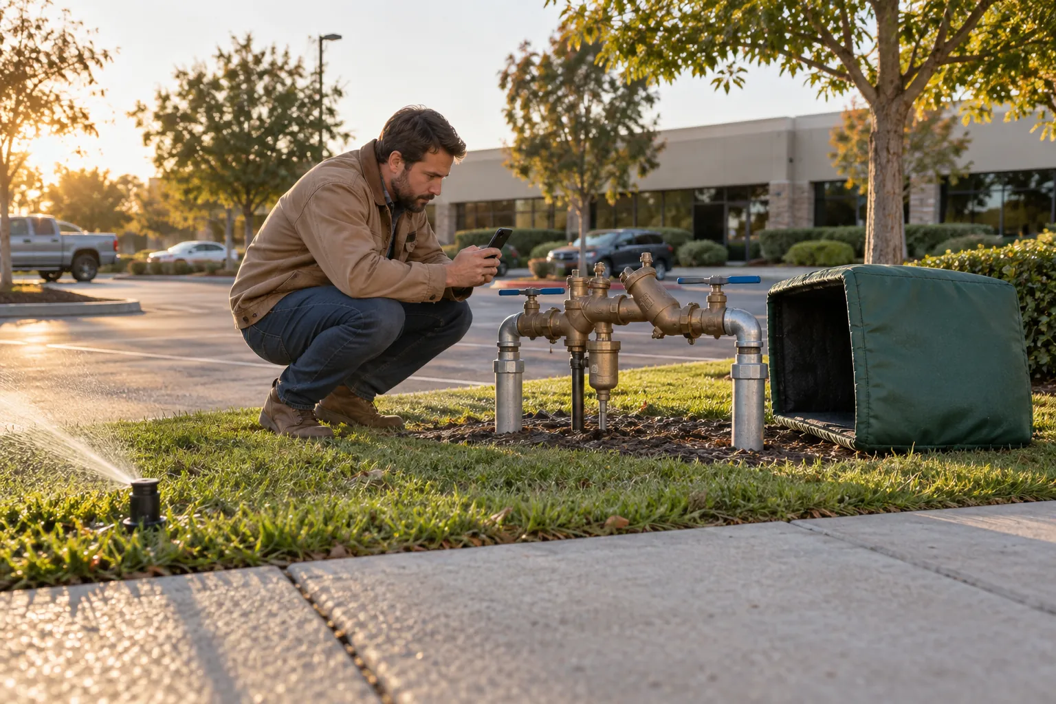 A maintenance technician crouching by an outdoor backflow assembly with its enclosure lifted, photographing it with a phone.
