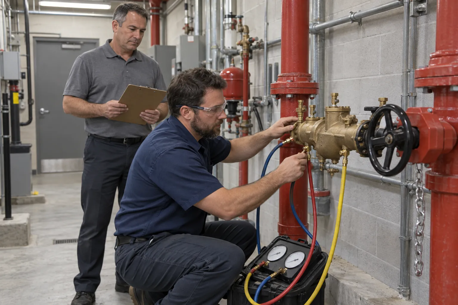 A tester kneeling beside a brass backflow assembly with a test kit connected while a building engineer looks on in a riser room.