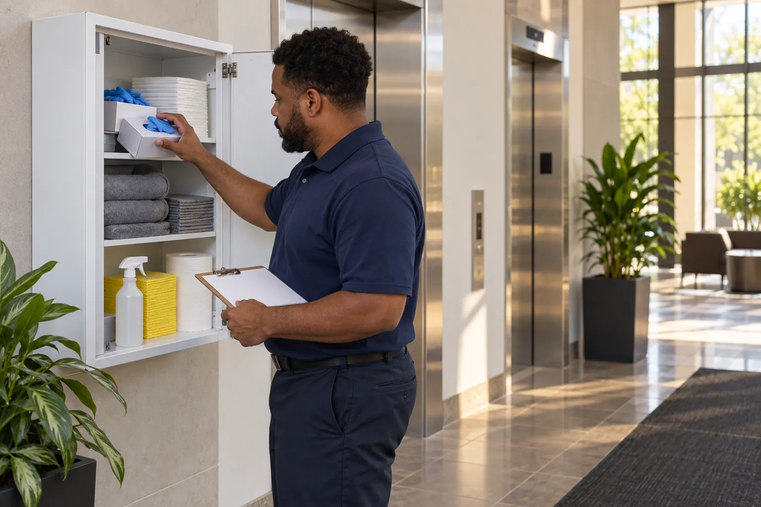 A day porter checking gloves and cleaning supplies in a wall cabinet beside an office elevator lobby.
