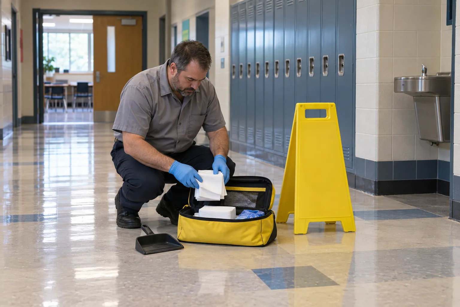 A school custodian in gloves kneeling beside an open spill kit and a wet floor sign in a hallway lined with lockers.