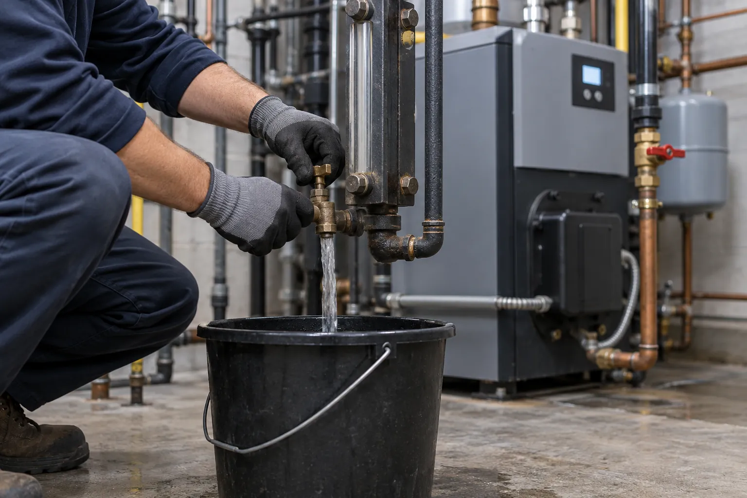 A technician in gloves opening the blowdown valve under a boiler water column, with a bucket beneath the drain.