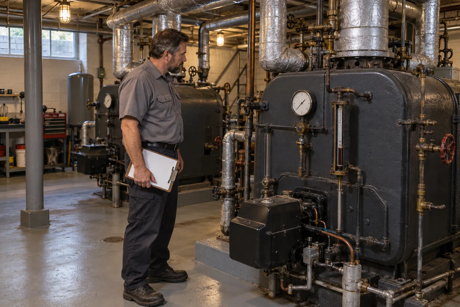 A building engineer reading a pressure gauge on a steam boiler in a school basement boiler room.