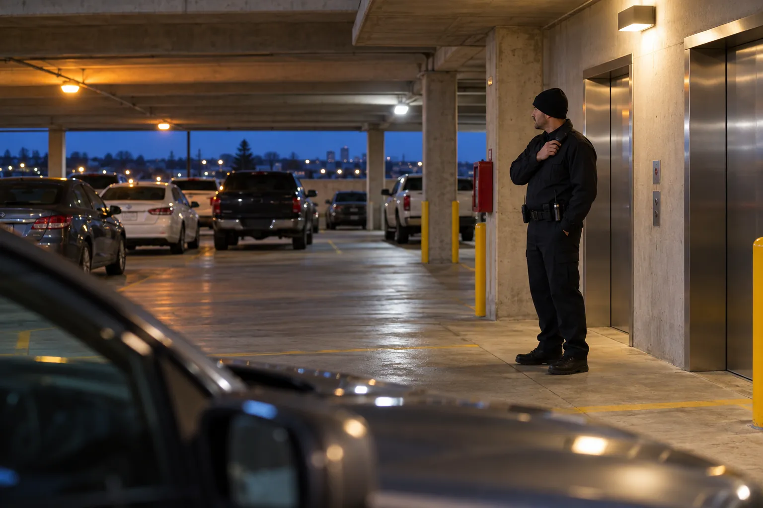 A security officer standing at a parking garage elevator lobby in the evening, looking across rows of parked cars.