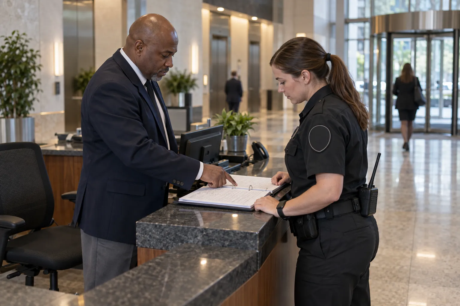Two security officers at a lobby desk at shift change, one pointing to a sheet in an open binder while the other reads it.