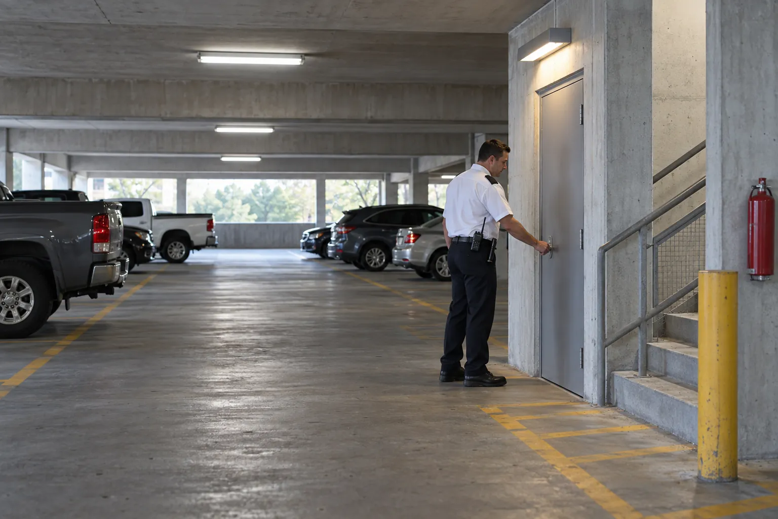 A security officer checking a stairwell exit door on a quiet parking garage level during a routine round.