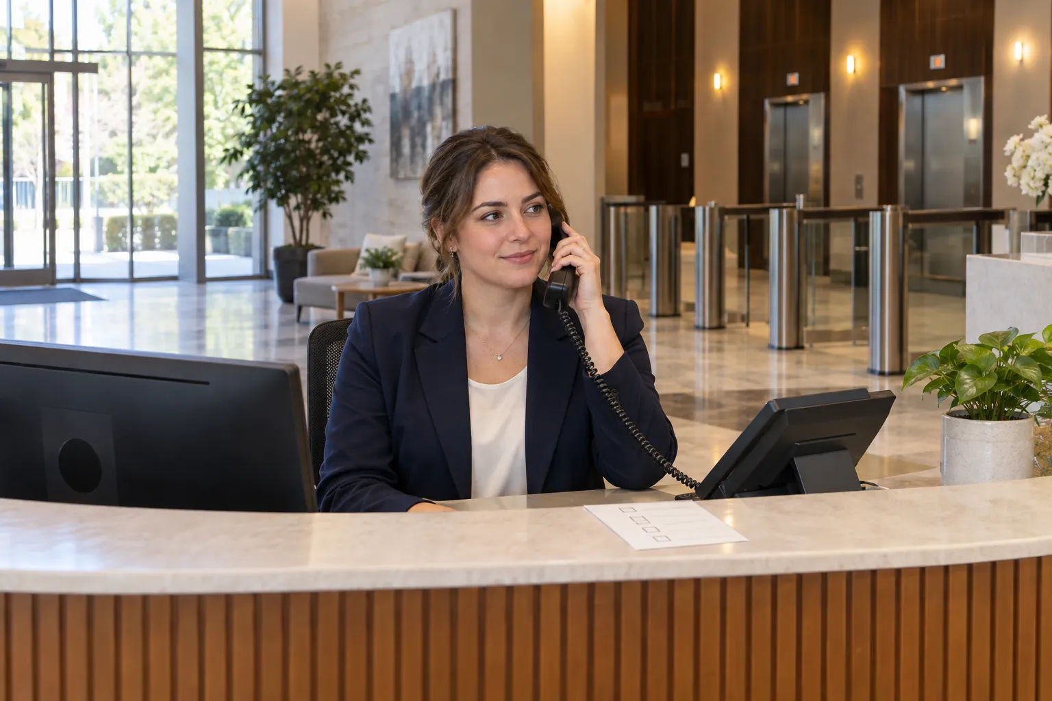 A receptionist answering a desk phone at an office lobby front desk, with a laminated card lying beside the handset.