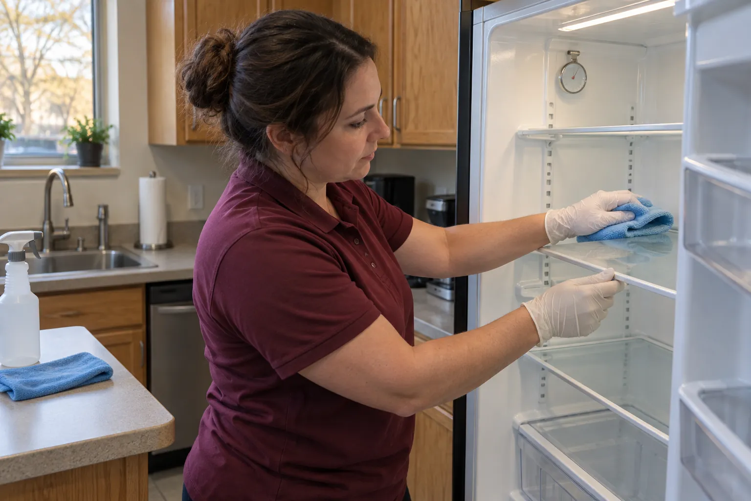 A gloved custodian wiping the shelves of an empty refrigerator in a small staff kitchenette.