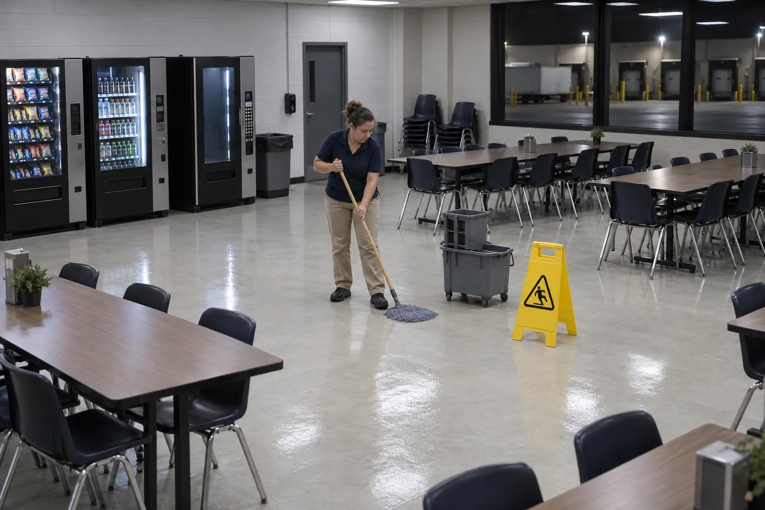 A custodian mopping the floor of a large warehouse lunchroom in the evening, a wet floor sign beside the mop bucket.