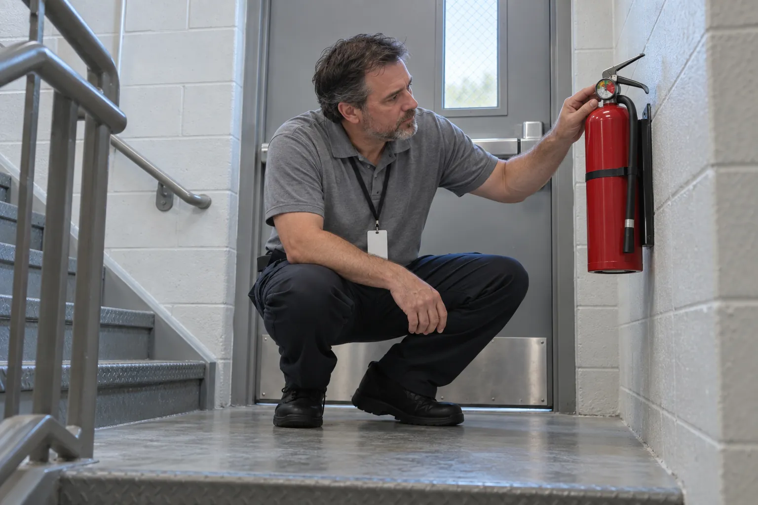 A custodian crouching to check the gauge of a wall-mounted fire extinguisher beside a stairwell exit door.
