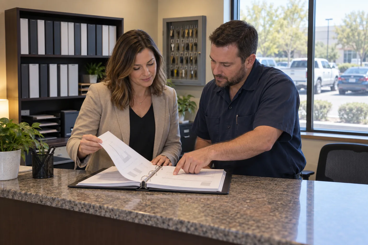 A property manager and a building engineer reviewing a binder of inspection reports at a counter in a building management office.