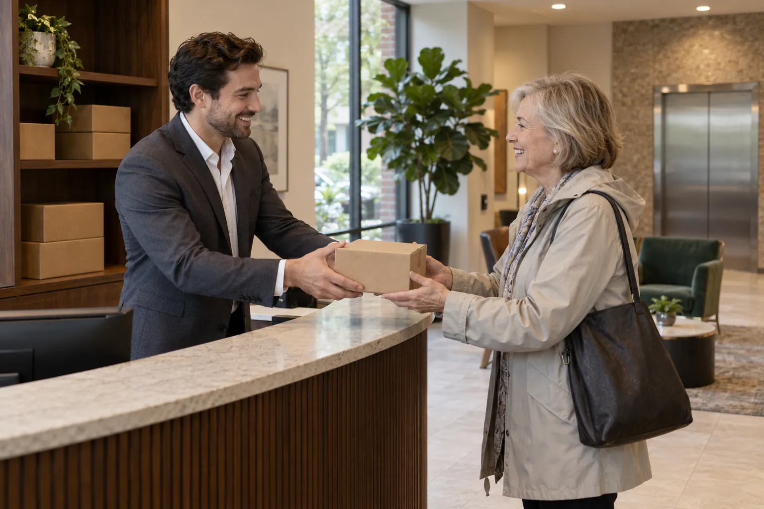 A building concierge handing a parcel across the lobby desk to a resident in an apartment building lobby.