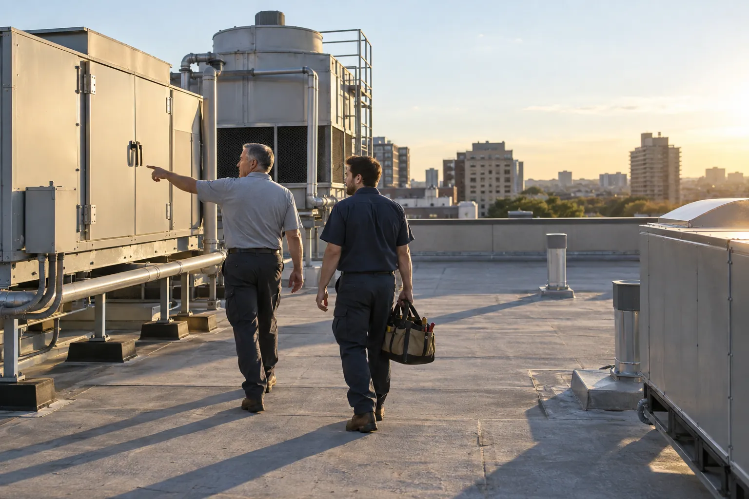 Two building engineers walking between rooftop air handling units on a flat commercial roof in late afternoon light.