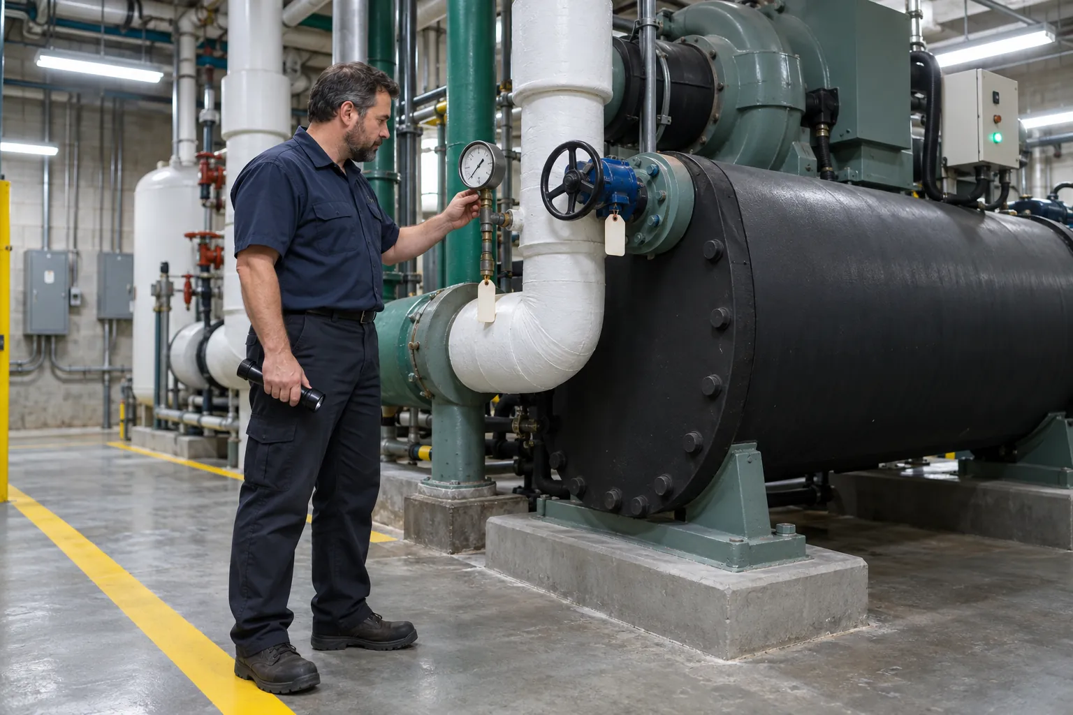 A building engineer reading a pressure gauge on chiller piping in a basement plant room.