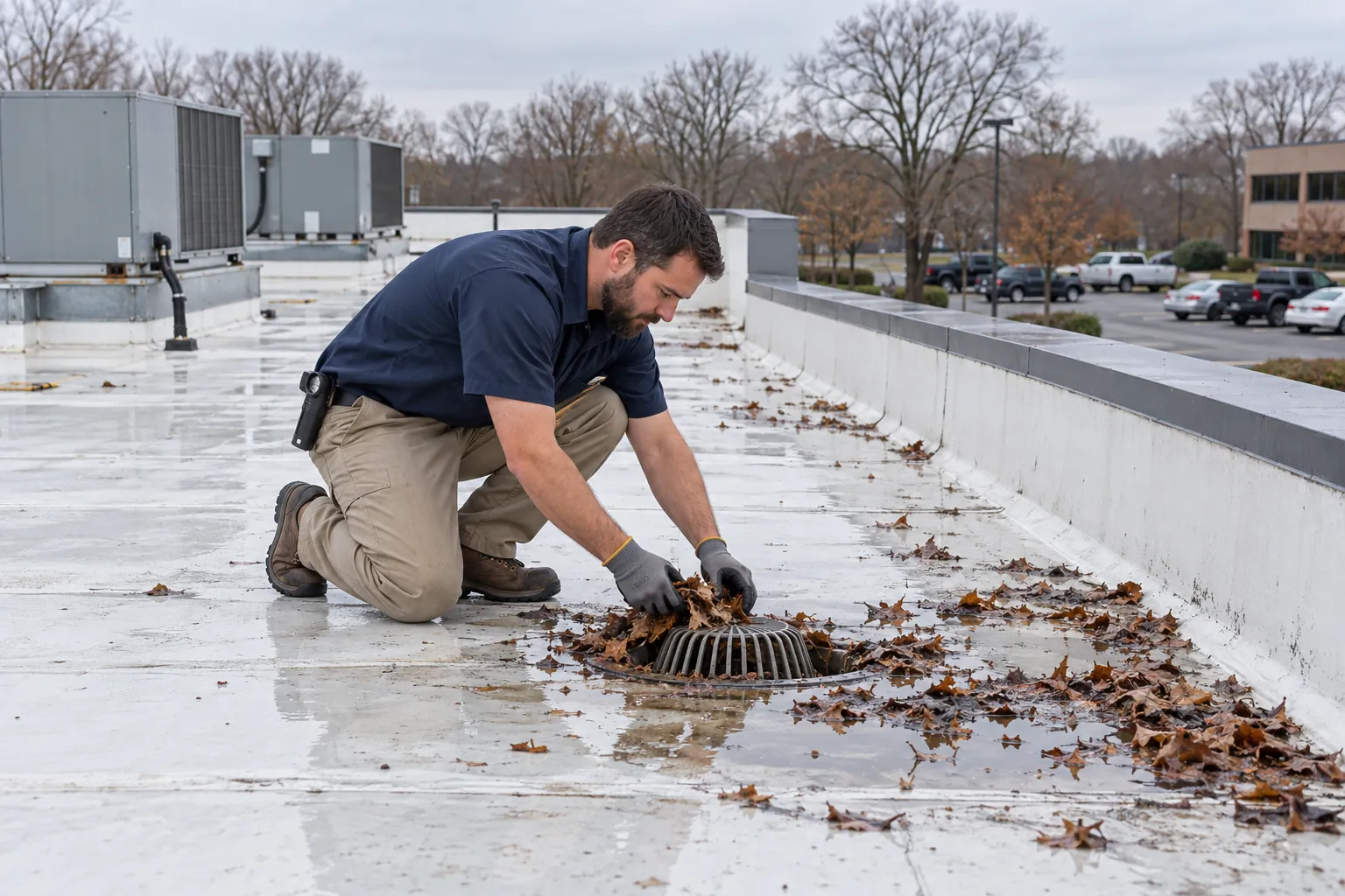 A building engineer crouching on a flat office roof, clearing leaves from a roof drain beside rooftop HVAC units.