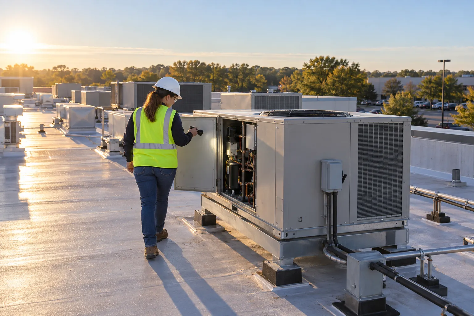 An engineer checking a rooftop HVAC unit on a flat office roof in early morning light.