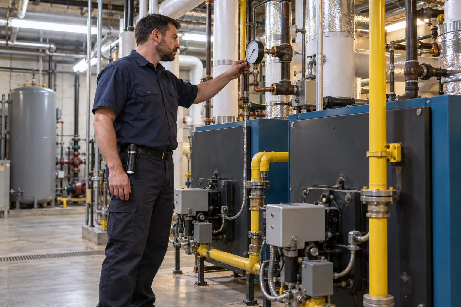 A building engineer reading a pressure gauge beside two boilers in a basement boiler room.