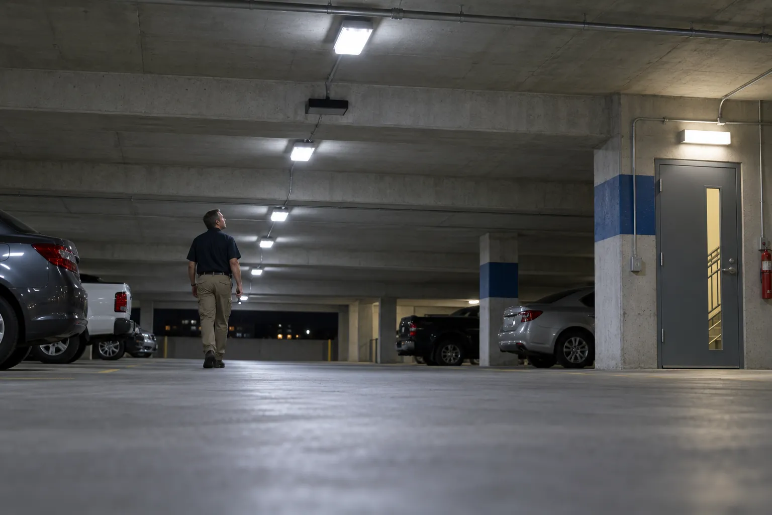 A building engineer checking the ceiling lights along a level of a parking garage at night.