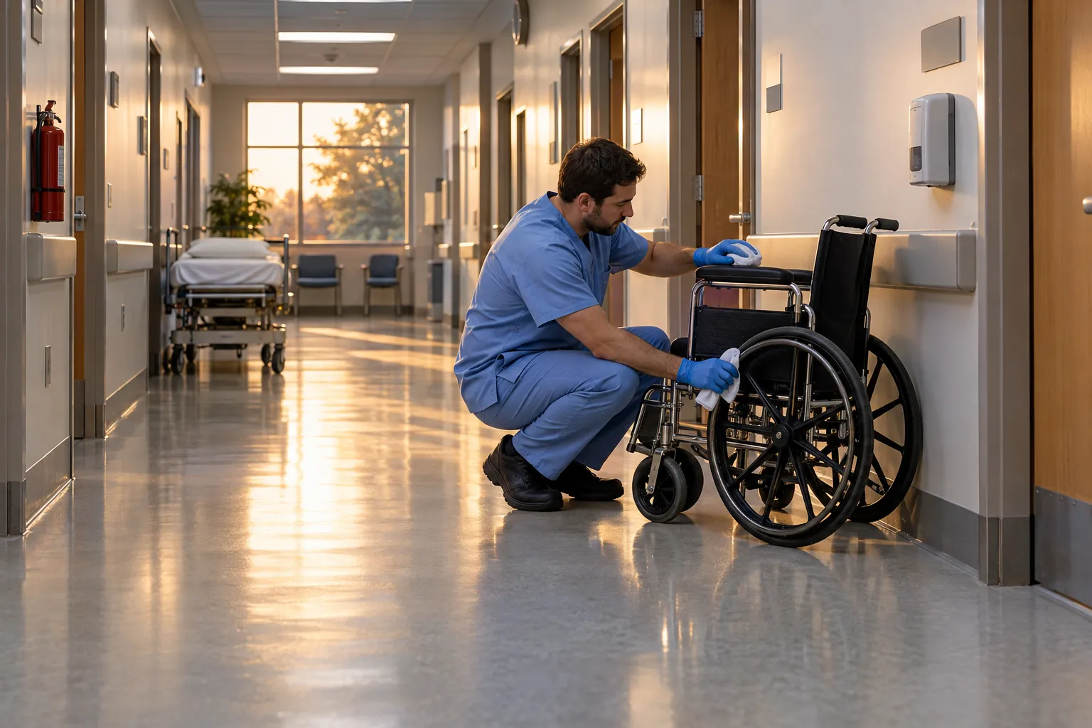 A hospital technician crouching to clean the armrest and wheel of a wheelchair in a quiet corridor.