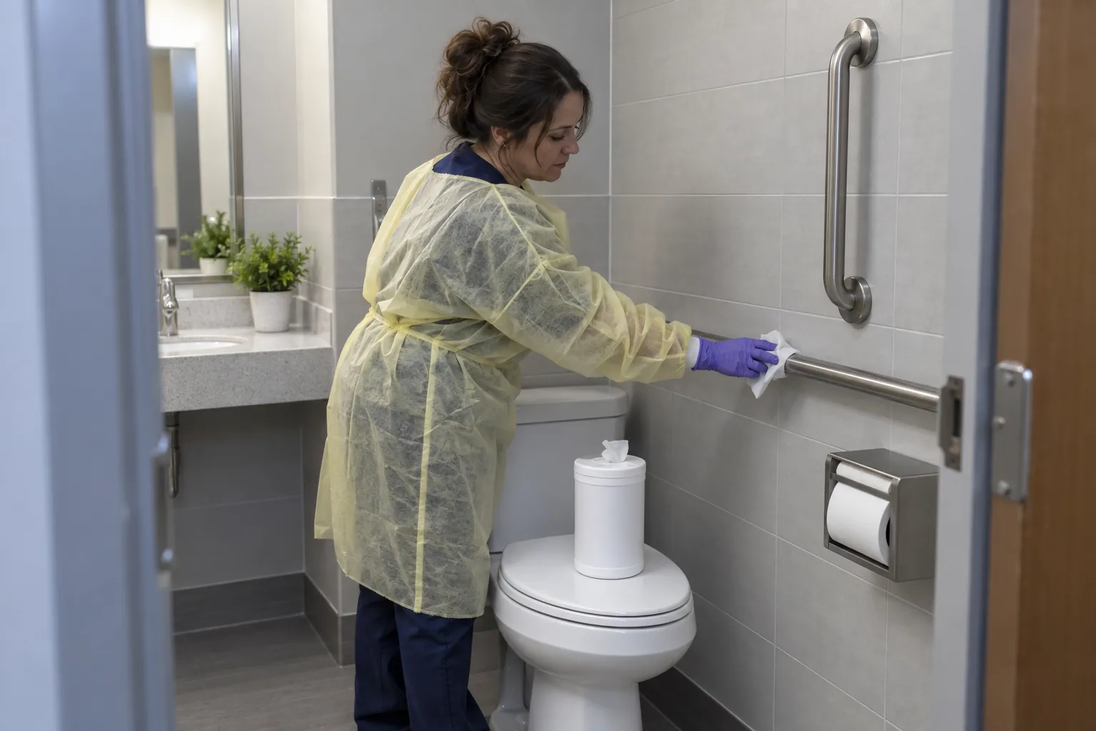 A hospital cleaning technician in a yellow gown and gloves wiping the grab bar beside a patient bathroom toilet.