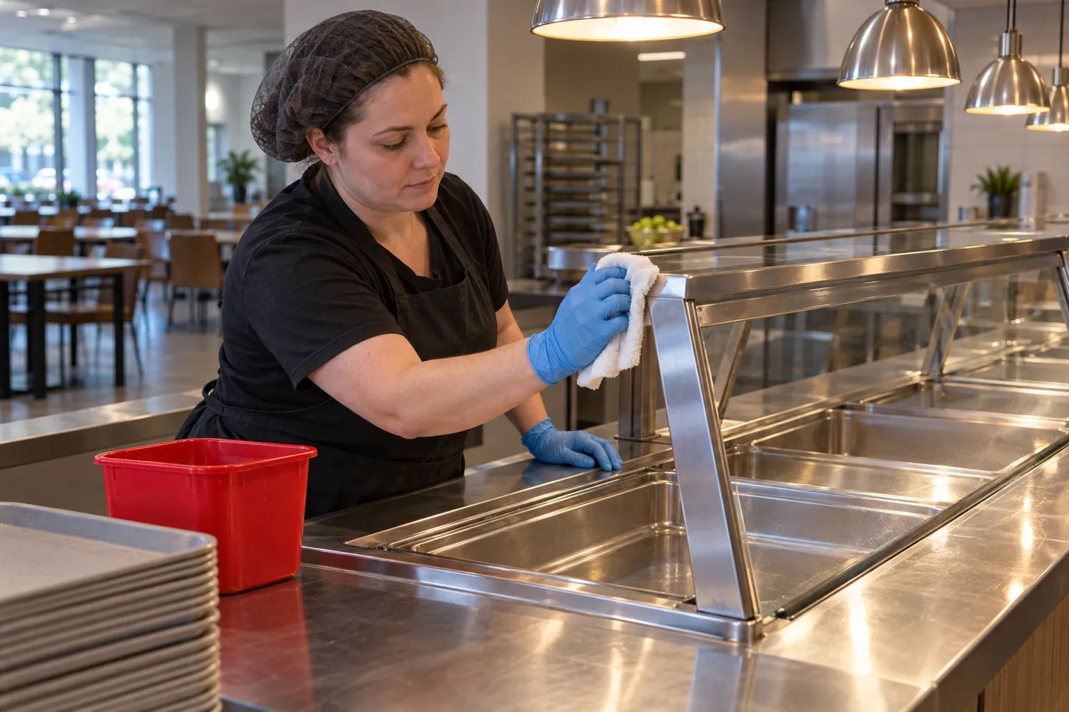 A food service worker in a hairnet and gloves wiping the sneeze guard of an empty stainless-steel serving line, with a red sanitizer bucket beside her.
