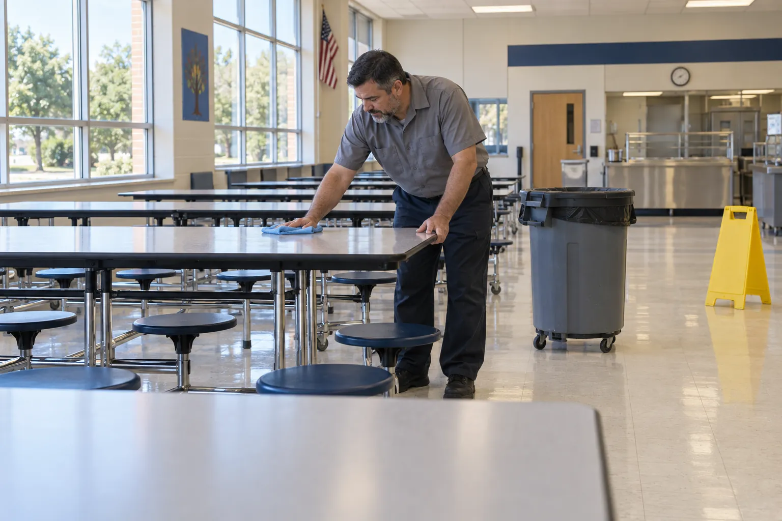 A school custodian wiping down a long folding table in an empty cafeteria after lunch, with a wheeled trash can beside him and a yellow wet floor sign in the background.