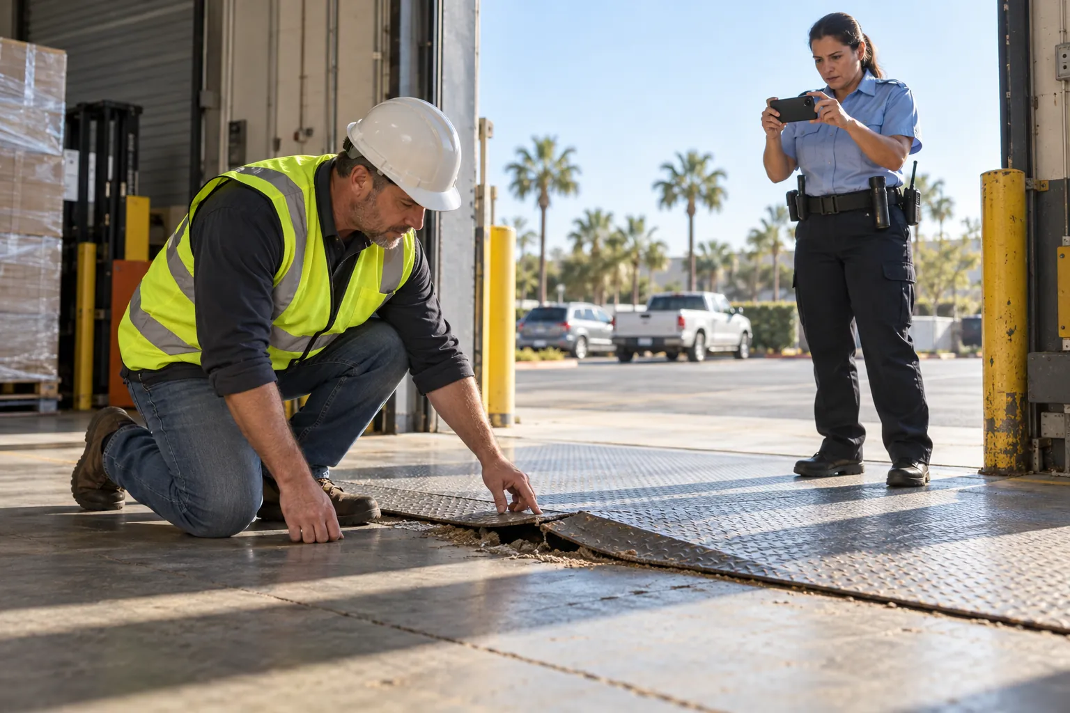 A technician kneeling to inspect a damaged dock plate at a loading dock while a security officer photographs it with a phone.