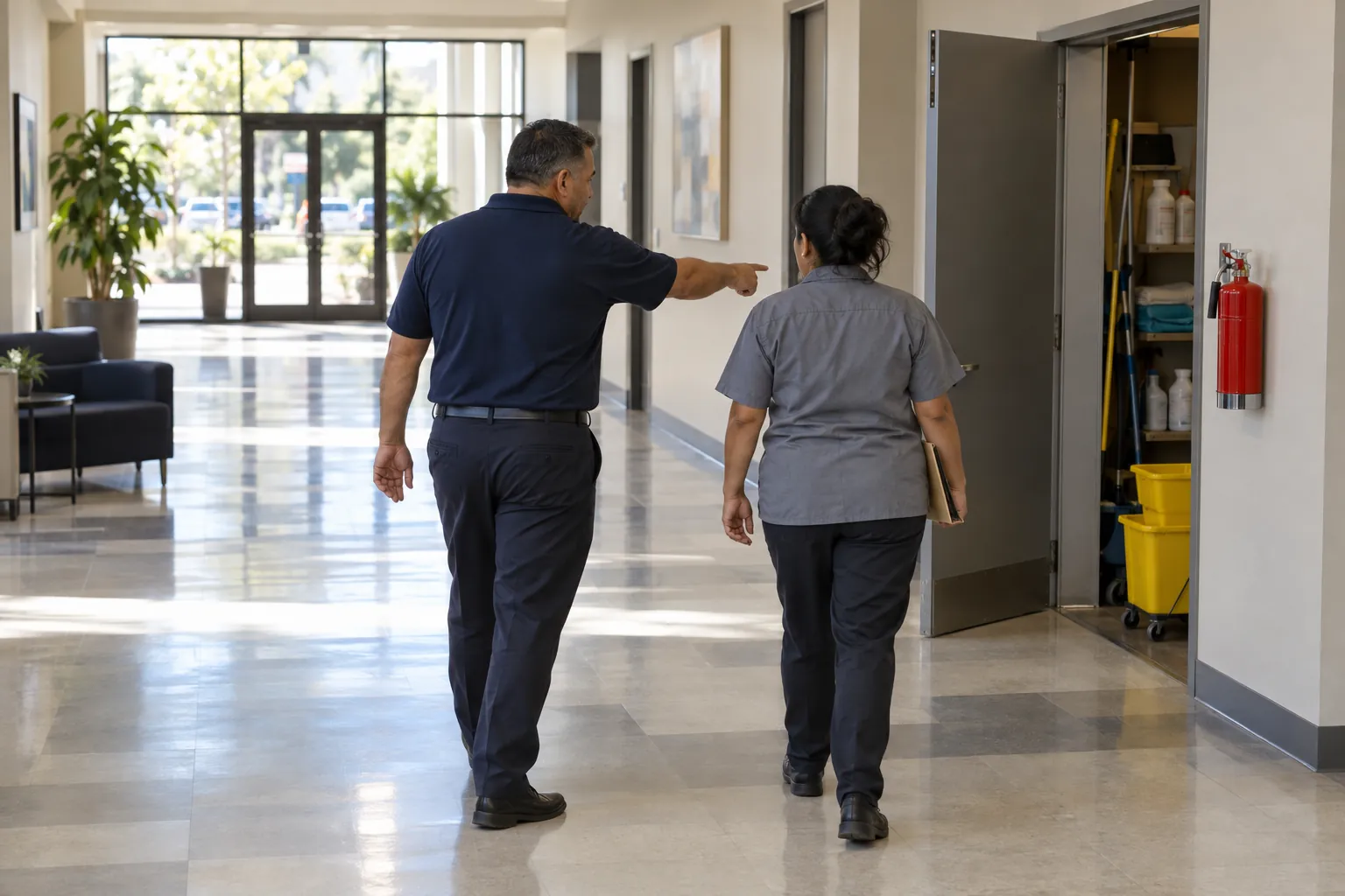 A janitorial supervisor and a custodian inspecting a corridor in an office building, the supervisor pointing at an open janitor closet.