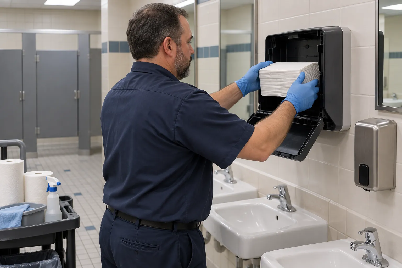 A custodian in gloves refilling a paper towel dispenser above a row of low sinks in a school restroom.