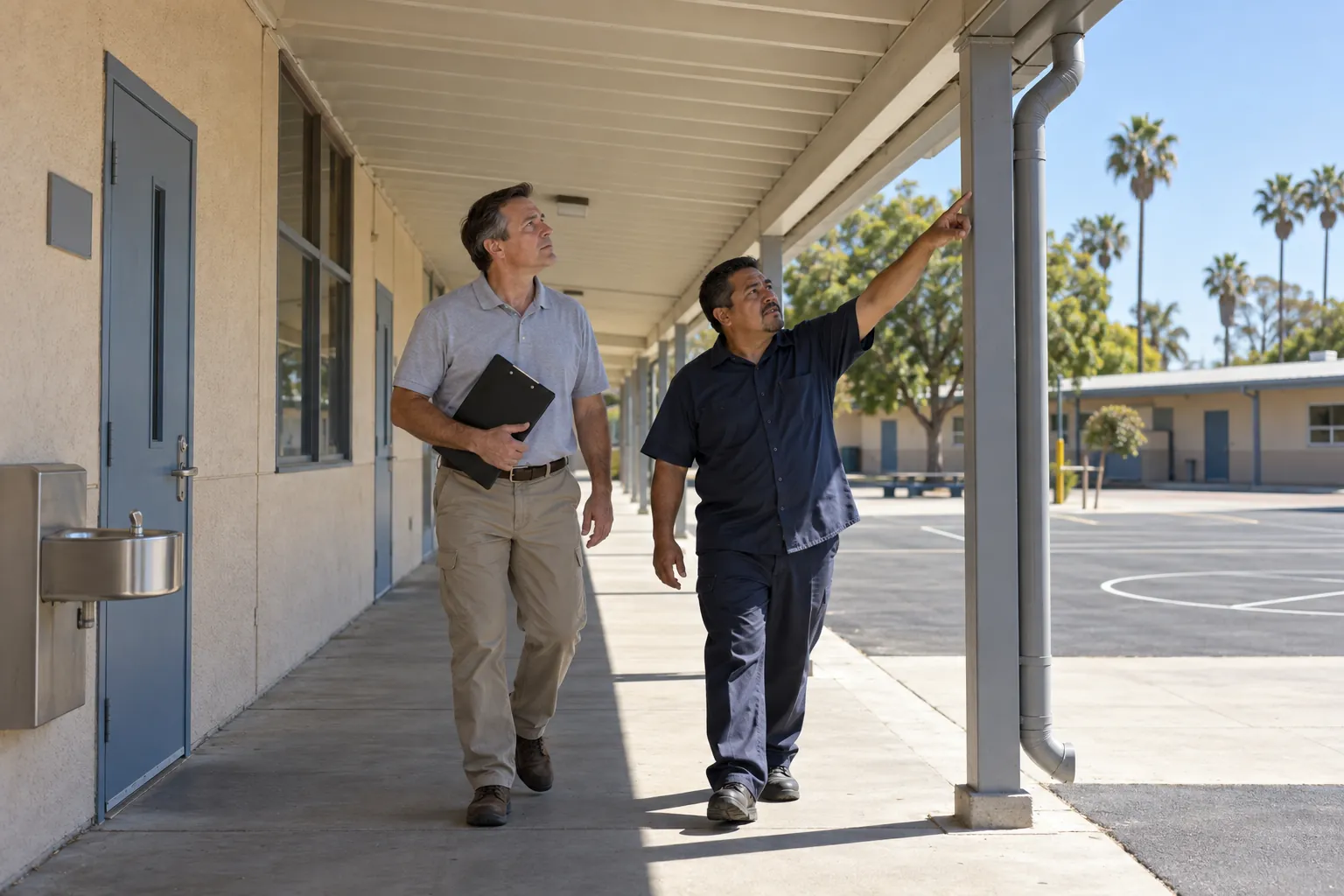 A maintenance inspector and a custodian looking up at a gutter along the covered outdoor corridor of a single-story school.