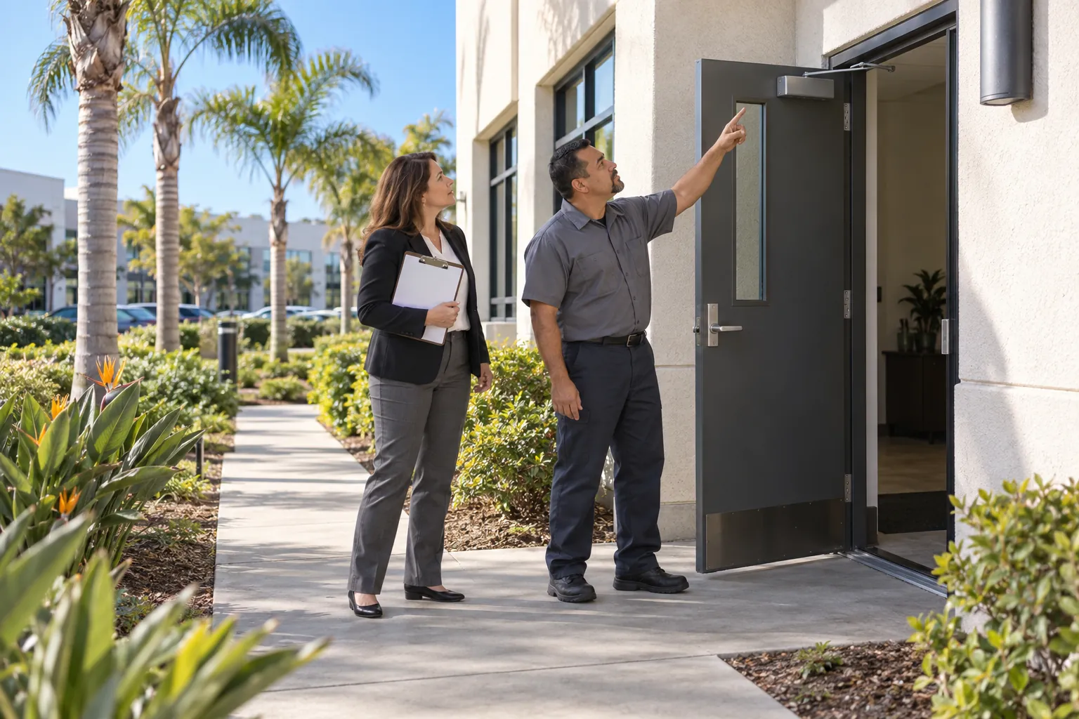 A facility manager and a custodian inspecting the closer on a side entrance door of an office building.