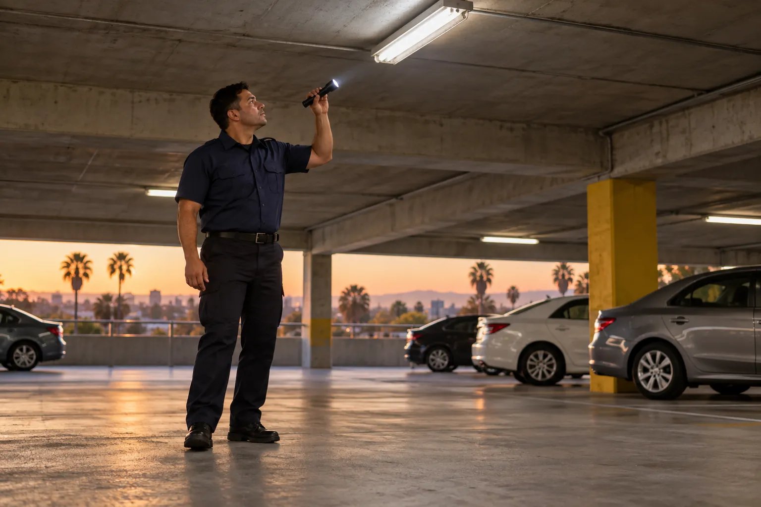 A security officer shining a flashlight at a ceiling light in a concrete parking garage at dusk.