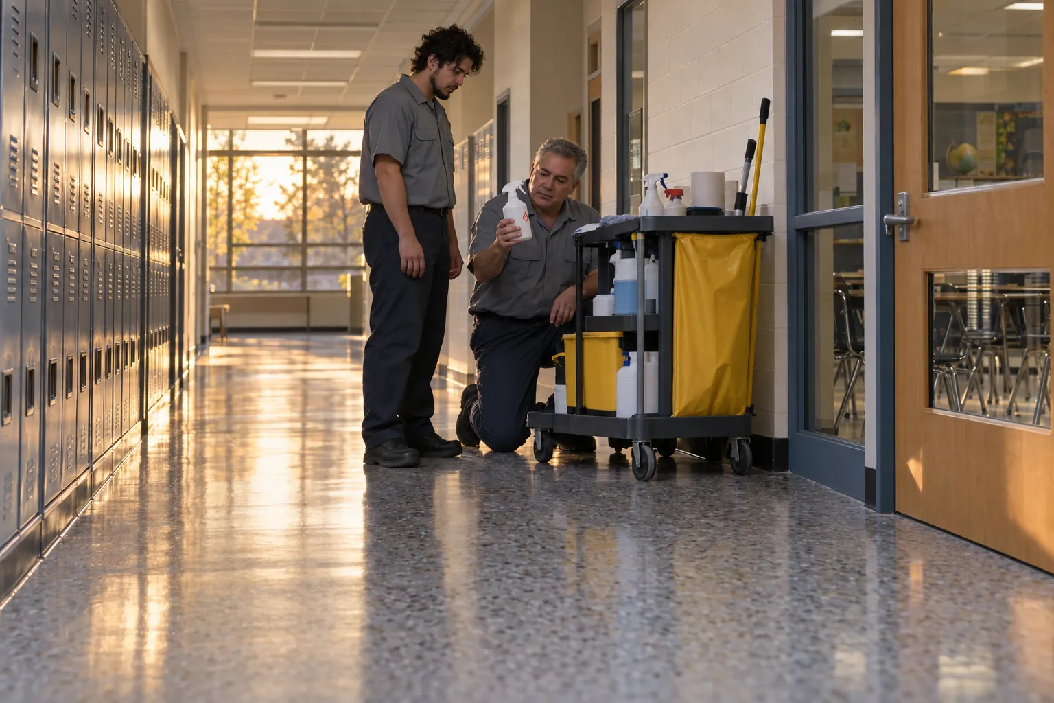 A supervisor kneeling by a janitorial cart in a school hallway, checking the label on a spray bottle while a custodian looks on.