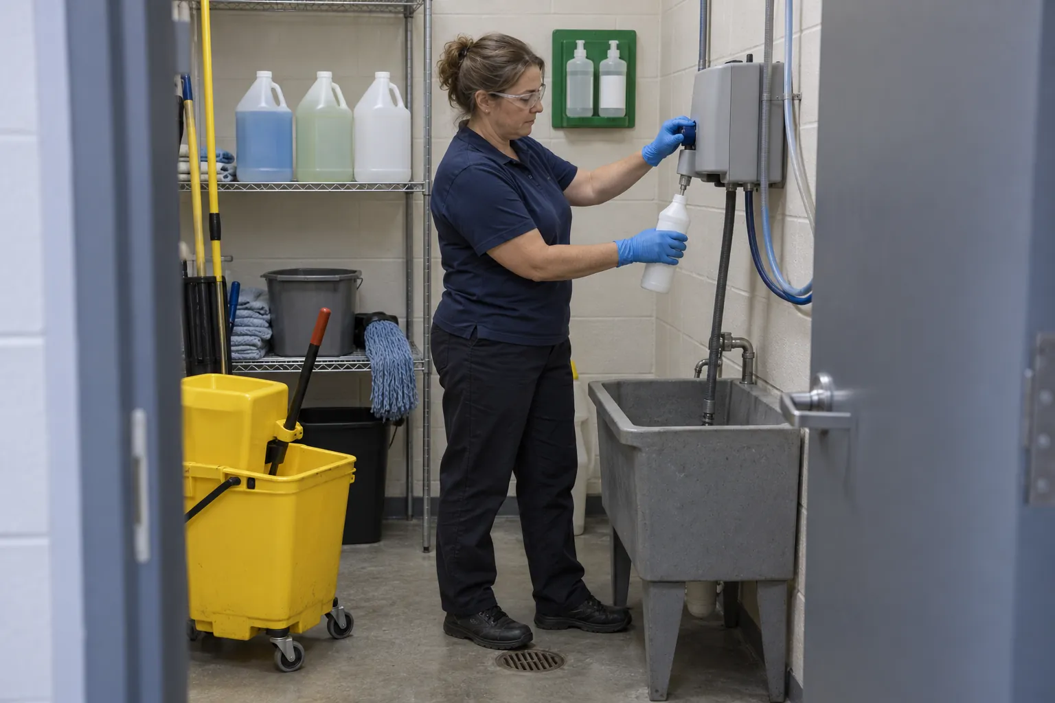 A custodian in gloves and safety glasses filling a spray bottle from a wall-mounted dispenser above a mop sink in a janitor closet.