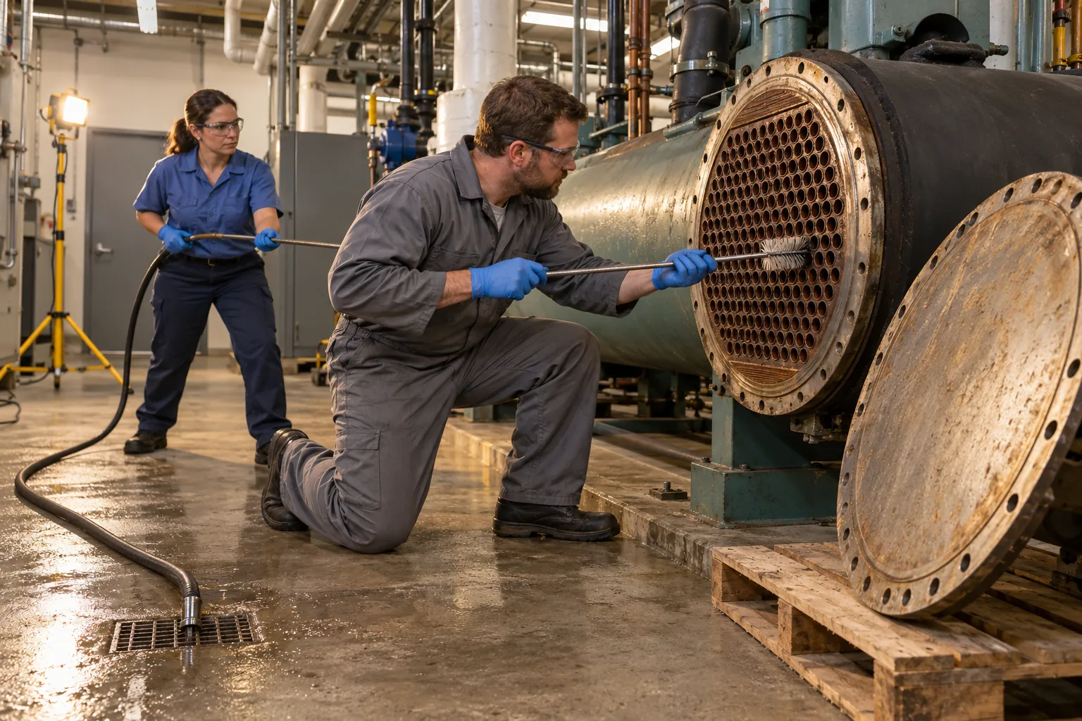 Two technicians cleaning the condenser tubes of a chiller with a long brush, the end cover off and resting on a pallet.
